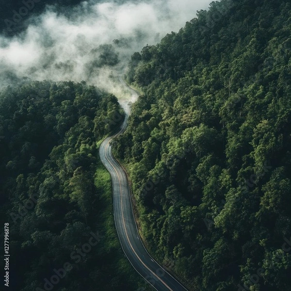 Obraz Aerial View of Winding Mountain Road Through Fog-Covered Forest: Stunning Landscape Photography