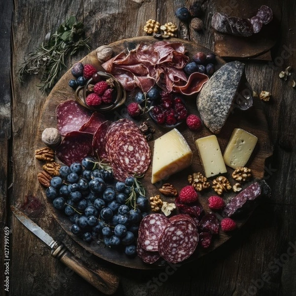 Obraz Stunning Charcuterie Board Arrangement: A Top-Down View of Cheeses, Cured Meats, and Fresh Fruits on Rustic Wood