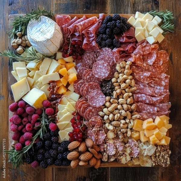Obraz Stunning Charcuterie Board Arrangement: A Top-Down View of Cheeses, Cured Meats, and Fresh Fruits on Rustic Wood