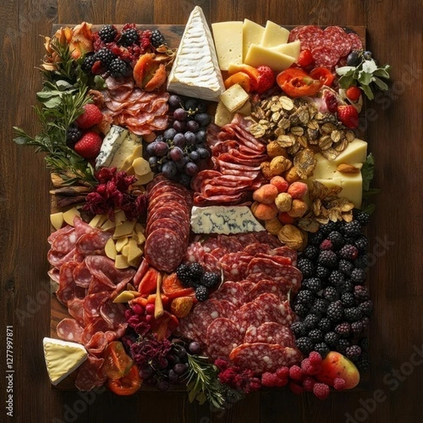 Obraz Stunning Charcuterie Board Arrangement: A Top-Down View of Cheeses, Cured Meats, and Fresh Fruits on Rustic Wood