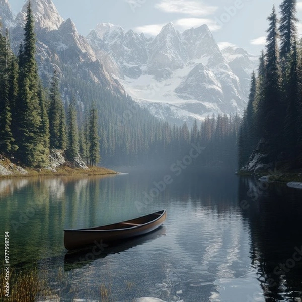 Obraz Tranquil Mountain Lake: Reflective Waters and Snow-Capped Peaks Surrounded by Dense Forests