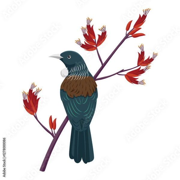 Fototapeta A Tui Bird Perched on a Stem of Blooming Flax