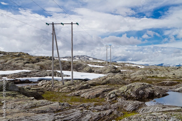Fototapeta High-voltage line with wooden electric poles in the nordic mountain landscape