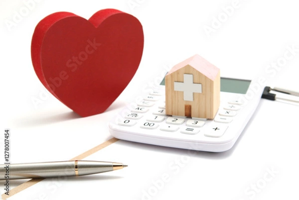 Obraz 医療費と健康のイメージ 　 計算機と病院のミニチュア