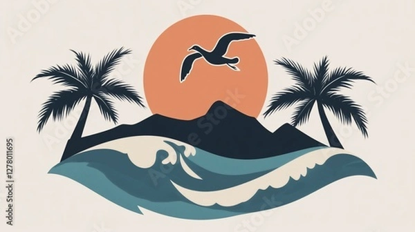 Fototapeta Tropical Beach Scene with Palm Trees, Mountains, and a Seagull Silhouetted Against a Sunset