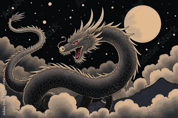 Obraz Powerful angry Japanese dragon colorful kid art for printing and decoration and other crate. objects, icon, concept, concept strong, long, tail, long tail, novel, snake, black, black background.