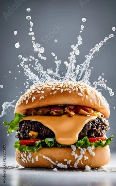 Fototapeta An impressive double-decker burger stacked with fresh lettuce, onions, cheese, and dripping sauce, with ingredients flying dramatically in the background, creating an exciting food explosion.