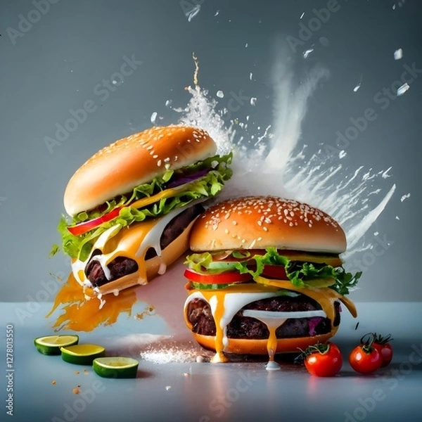 Fototapeta An impressive double-decker burger stacked with fresh lettuce, onions, cheese, and dripping sauce, with ingredients flying dramatically in the background, creating an exciting food explosion.