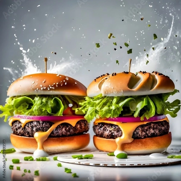 Fototapeta An impressive double-decker burger stacked with fresh lettuce, onions, cheese, and dripping sauce, with ingredients flying dramatically in the background, creating an exciting food explosion.
