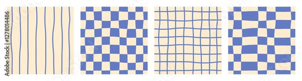 Fototapeta Seamless abstract monochrome blue set of checkered, striped and chess wavy patterns on light background, simple hand drawn illustration, flat style