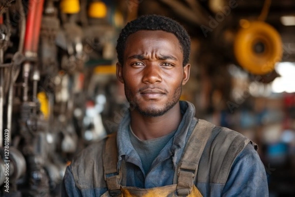Fototapeta Skilled mechanic working diligently in a bustling automotive workshop with tools and equipment around