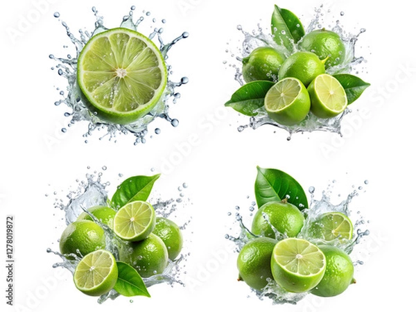 Obraz Lime splashes, set of lemon splashes, and green lemon water splash isolated