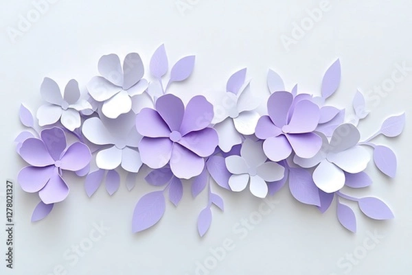 Fototapeta Elegant Lilac Flowers: Paper Cut Style Illustration. Delicate purple blooms on a pristine white background, perfect for spring designs, invitations, greeting cards, websites, blogs, and social media  
