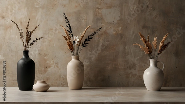 Fototapeta Copy space background in bohemian beige. minimalist empty table in black and white with a vase. Product wall scene mockup for display and promotion backdrop.