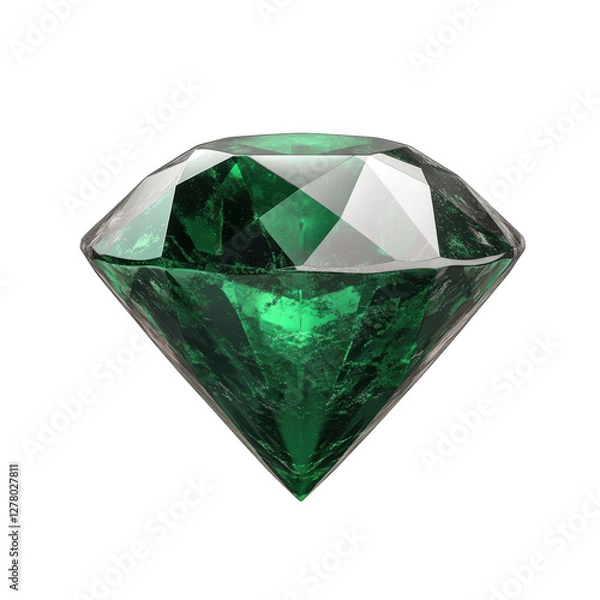 Fototapeta A sparkling green emerald cut in a diamond shape, showcasing its brilliance and intricate facets. isolated on white background.