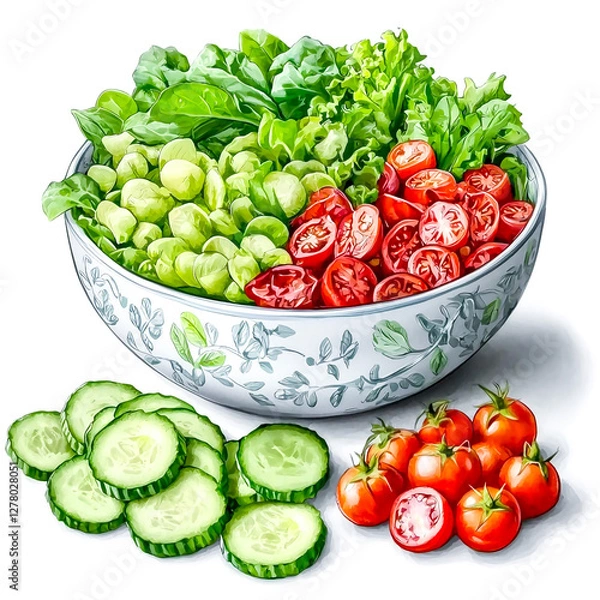 Fototapeta Close up organic fresh vegetables, tomato, and cucumber in a white salad bowl isolated on a white background. Generative AI.