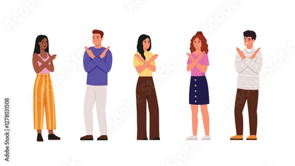 Fototapeta Vector illustration of a group of people with a negative gesture. Cartoon scene of dark-skinned and light-skinned boys and girls showing negative, negative hand gestures isolated on white background.