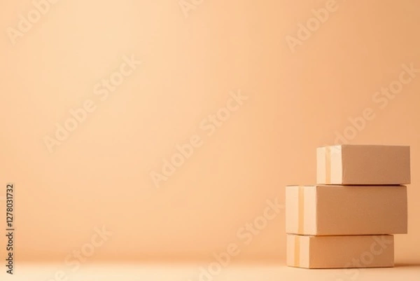 Fototapeta Stacked cardboard boxes on soft peach background create minimali