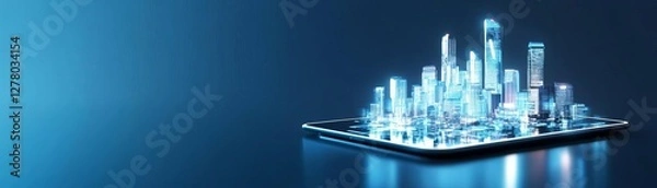 Fototapeta A futuristic digital city growing from a tablet, representing technology-driven business expansion
