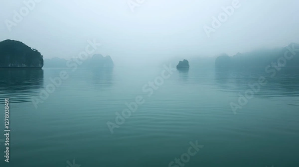 Fototapeta Misty lake landscape, tranquil water reflecting foggy atmosphere, serene and peaceful scene ideal for meditation or relaxation.
