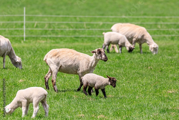 Fototapeta 北海道占冠村、お散歩する羊の親子【5月】