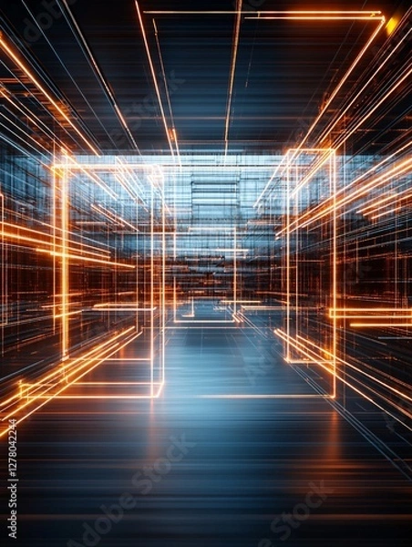 Fototapeta Luminous wireframe abstraction, glowing grid structures, digital connectivity, futuristic cyber aesthetics, high-tech visual language, intricate line work, precise geometric depth, neon illumination,