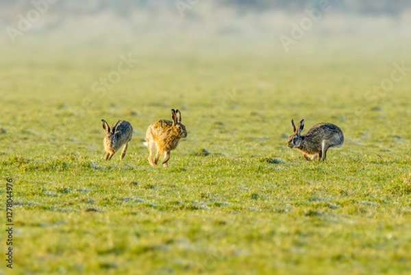 Obraz European hares, Lepus europaeus, preparing for mating season and chasing each other during sunrise in warm light across a sunlit green meadow landscape against a hazy background