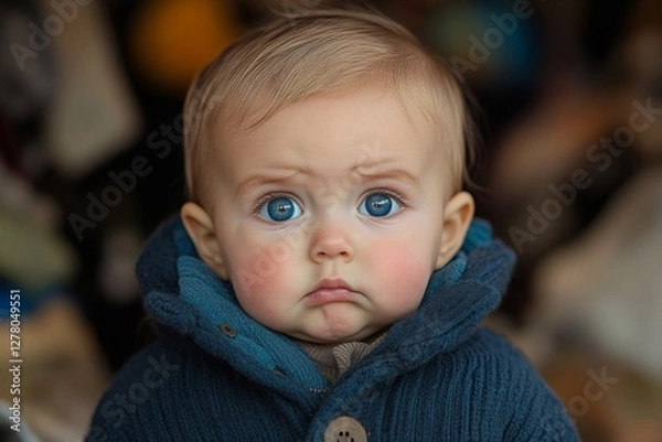 Fototapeta Baby with striking blue eyes and sad expression wearing a warm blue sweater in a cozy indoor setting