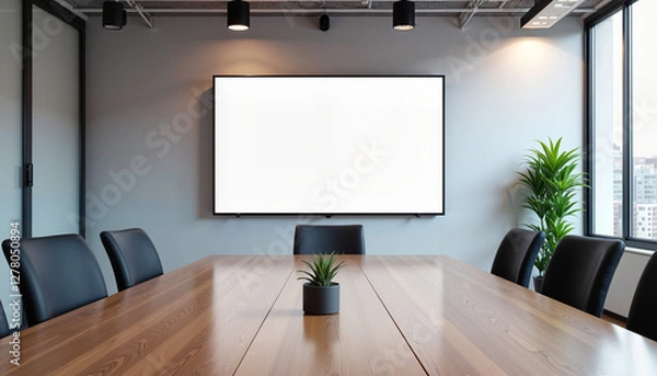 Fototapeta A professional meeting room mockup featuring a blank whiteboard screen and stylish decor. The perfect setting for presenting corporate branding, business materials, or educational content