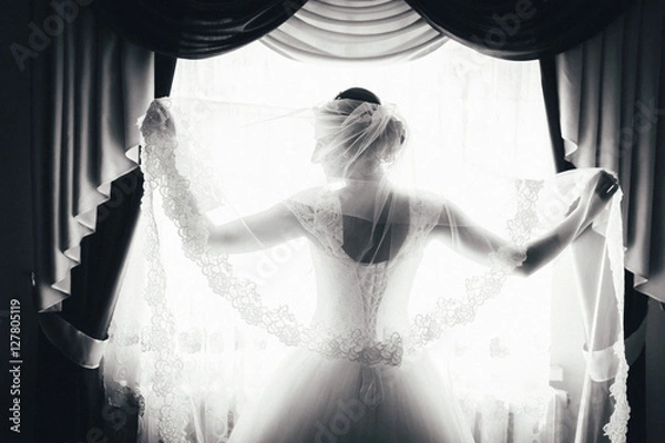Fototapeta silhouette of a bride is standing at the window and holding a veil. black and white portrait of a bride from the back.
