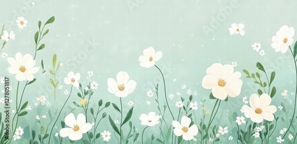 Fototapeta  Spring background with pastel green and white flowers. Springtime banner template for design, text Spring in the center on the background.