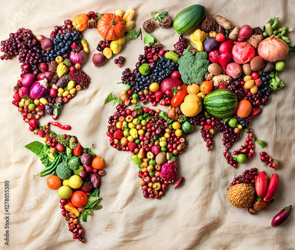 Fototapeta A map of the world lined with vegetables and fruits. The concept of healthy nutrition of the population is dead. Health Day and Promotion of Proper Nutrition