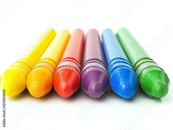 Obraz Vibrant Colorful Crayons Lined Up on a White Surface for Creative Art and Craft Activities with Children and Adults