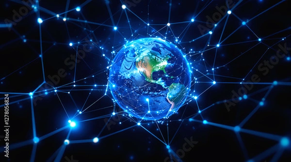 Fototapeta Planet Earth is shrouded in a web of virtual connections, technologies and telecommunications.