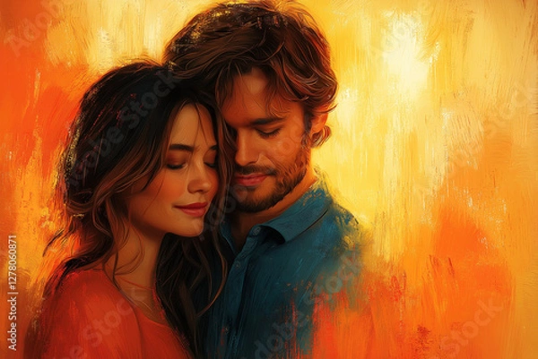 Fototapeta A romantic moment of a couple in a behind hug, with the woman leaning into the man, set against a warm sunset-colored background, exuding love and affection