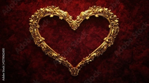Fototapeta Ornate Golden Heart on Red Velvet Background