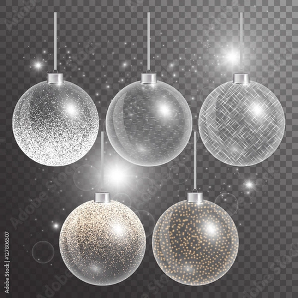 Fototapeta Christmas ball isolated. New year decorations.  Abstract light. Set of holiday elements. Vector illustration of a transparent backdrop.
