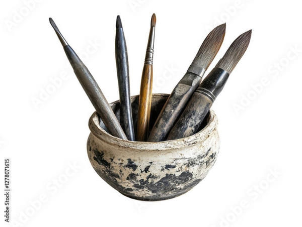 Obraz Isolated pottery jar with art brushes