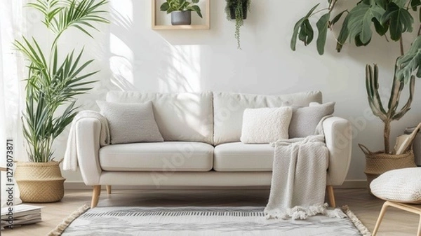 Obraz Bright White Scandinavian Living Room: Embracing Modern Minimalism with Clean Lines and Cozy Elegance