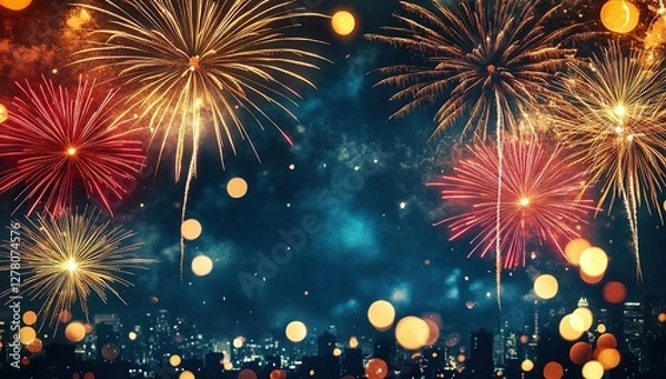 Fototapeta Night Sky Fireworks Explode Over Cityscape with Brilliant Colors and Lights