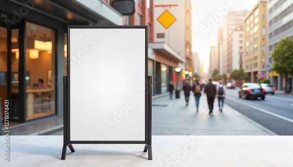Fototapeta A vertical outdoor banner mockup displayed on a sidewalk in a bustling urban environment. The blank banner is framed by modern architecture and pedestrians