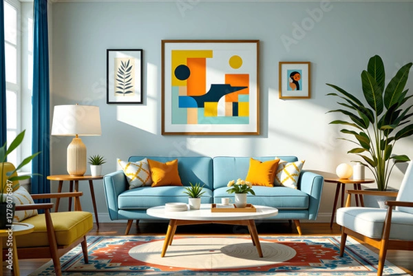 Obraz Timeless Elegance: A 1950s Sofa Paired with Contemporary Art and Modern Furniture
