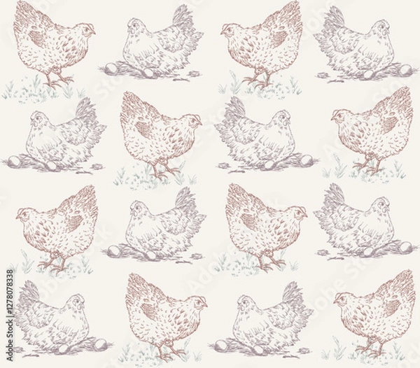Fototapeta Chicken seamless pattern hand-drawn