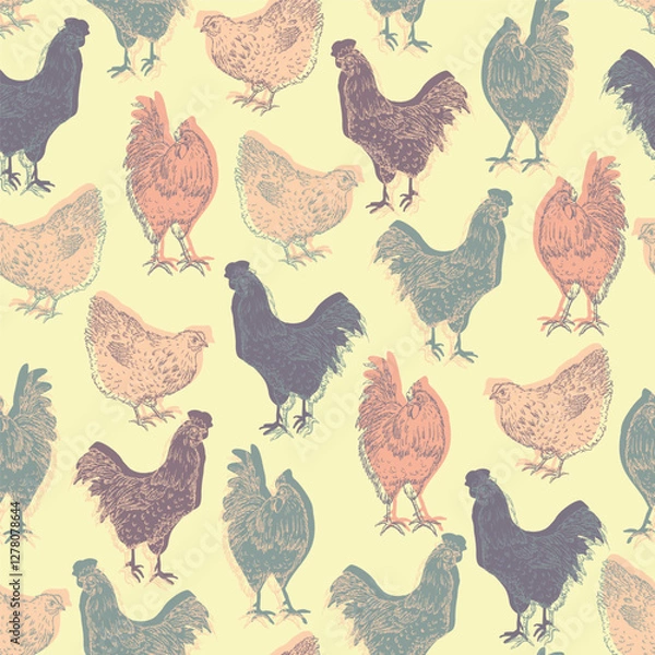 Fototapeta Various hens and cocks seamless pattern, hand-drawn illustration