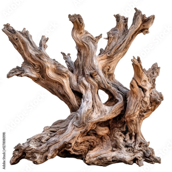 Fototapeta Unique weathered driftwood sculpture with intricate natural patterns, suitable for artistic designs and nature-inspired concepts in various projects