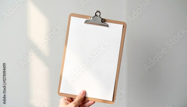 Fototapeta A hand-held clipboard paper mockup displayed in natural lighting against a plain white background. Ideal for presenting creative designs, business stationery, or educational materials.