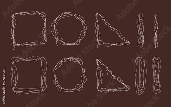 Fototapeta Geometric shapes Hand drawn curvy lines. Isolated wavy white line figure graphic elements. Place for text. Vector scribble Circle, square, triangle, wave line for creativity imprint.