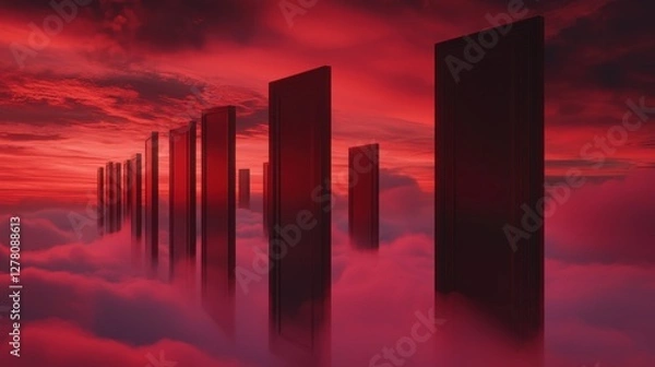 Obraz Group of tall, rectangular pillars standing in a line in the middle of a vast, foggy landscape. the pillars are all the same size and shape, and they are all facing the same direction.