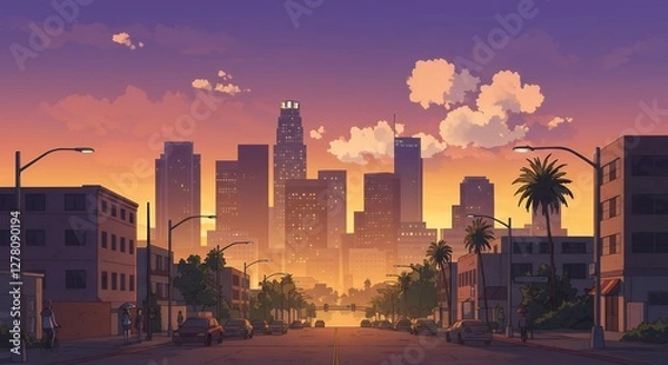 Obraz Animated Sunset Cityscape with Vibrant Colors