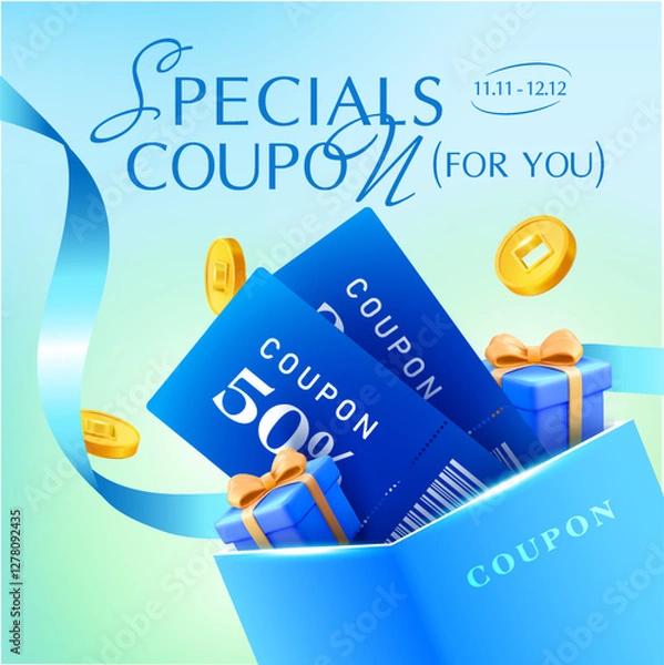 Fototapeta 3d elegant coupons inside a gift box with golden coins and ribbons flying around, isolated on background. Elegant gift vouchers with coupon code, price off banner template in 3d vector. Vector